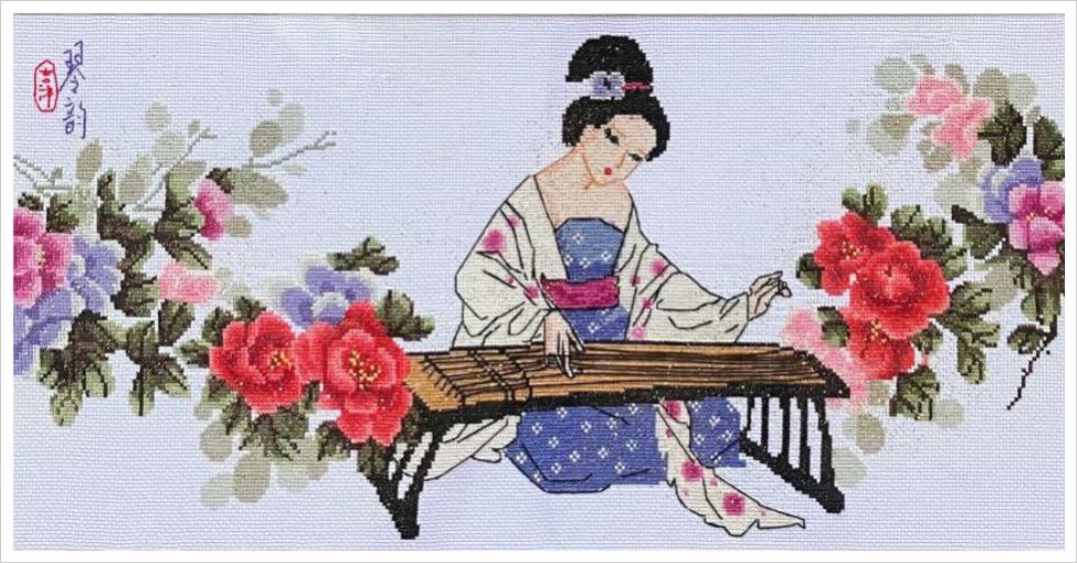 美女抚琴图天姿国色琴韵成品