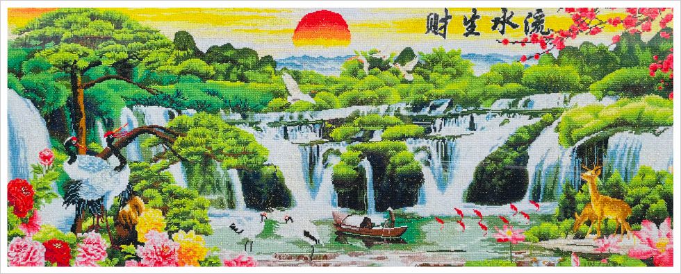 流水生财蒸蒸日上迎客松旭日东升画芯展示