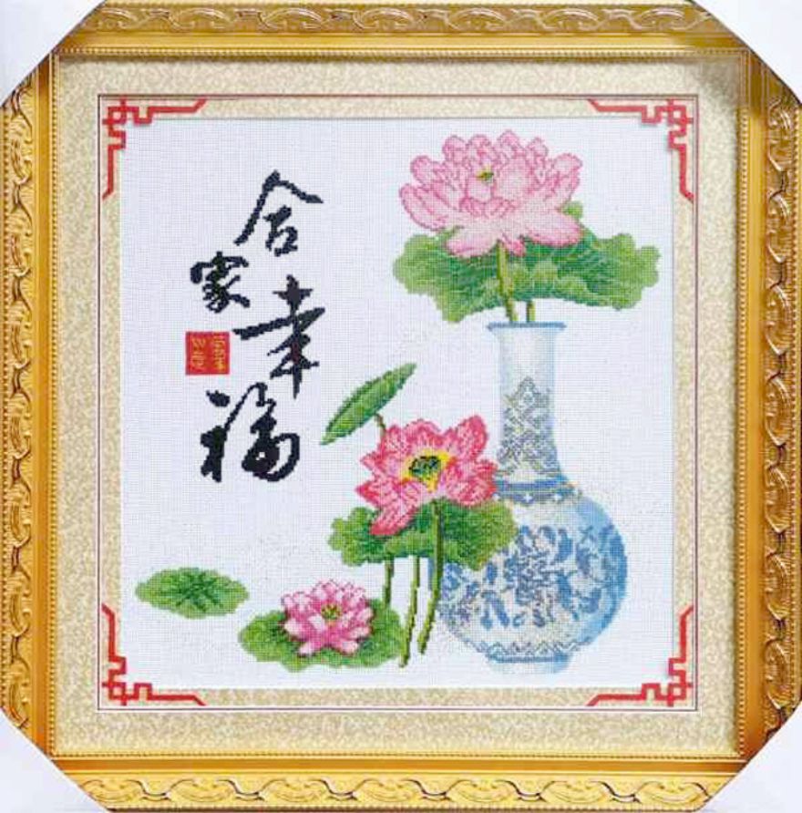 合家幸福青花瓷花瓶荷花C099亮金图片